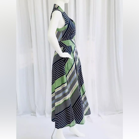 Tory Burch Dress Overprinted Blue Green Stripes Sleeveless Wrap Midi Size 0 - Picture 8 of 10